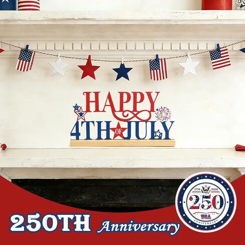 SYNCVIBE 4th of July Decorations, Happy Fourth of July Metal Sign with Wooden Base Tabletop Decor, Patriotic Memorial Day Decor for Home Office Red White Blue Decorations Table Centerpieces in Saudi Arabia