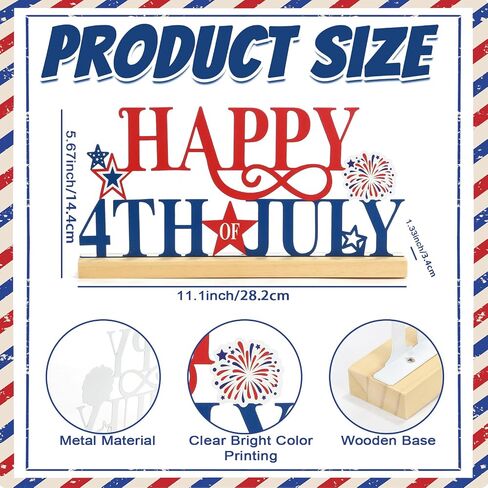 SYNCVIBE 4th of July Decorations, Happy Fourth of July Metal Sign with Wooden Base Tabletop Decor, Patriotic Memorial Day Decor for Home Office Red White Blue Decorations Table Centerpieces in Saudi Arabia