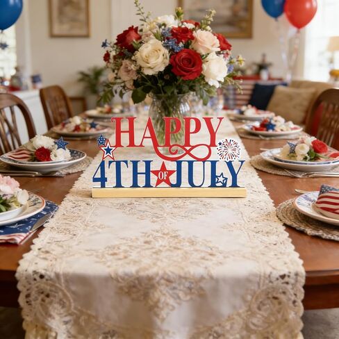SYNCVIBE 4th of July Decorations, Happy Fourth of July Metal Sign with Wooden Base Tabletop Decor, Patriotic Memorial Day Decor for Home Office Red White Blue Decorations Table Centerpieces in Saudi Arabia