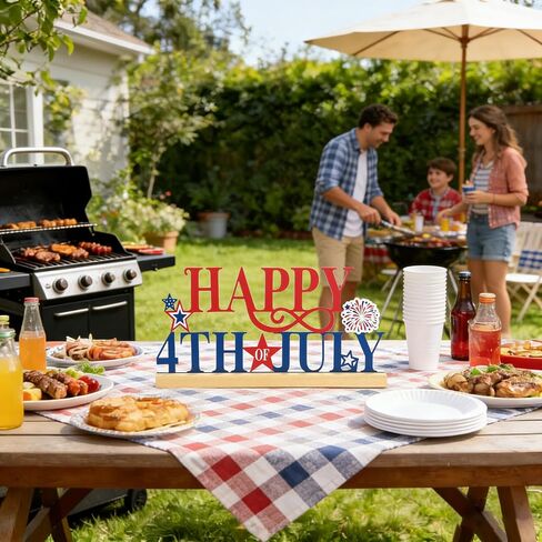 SYNCVIBE 4th of July Decorations, Happy Fourth of July Metal Sign with Wooden Base Tabletop Decor, Patriotic Memorial Day Decor for Home Office Red White Blue Decorations Table Centerpieces in Saudi Arabia