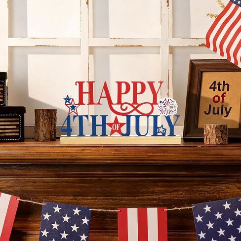SYNCVIBE 4th of July Decorations, Happy Fourth of July Metal Sign with Wooden Base Tabletop Decor, Patriotic Memorial Day Decor for Home Office Red White Blue Decorations Table Centerpieces in Saudi Arabia