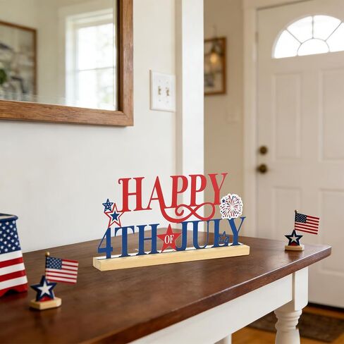 SYNCVIBE 4th of July Decorations, Happy Fourth of July Metal Sign with Wooden Base Tabletop Decor, Patriotic Memorial Day Decor for Home Office Red White Blue Decorations Table Centerpieces in Saudi Arabia