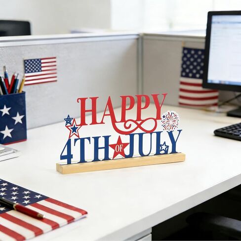 SYNCVIBE 4th of July Decorations, Happy Fourth of July Metal Sign with Wooden Base Tabletop Decor, Patriotic Memorial Day Decor for Home Office Red White Blue Decorations Table Centerpieces in Saudi Arabia