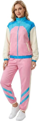 80s Tracksuit Outfits for Women Men Halloween Couples Sportwear Retro Disco 90s Outfit Colorblock Windbreaker Costume in Kuwait