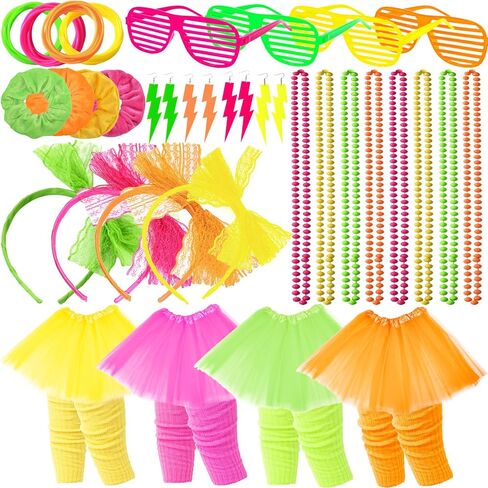 YAROMO 56 Pieces 80s Costume Accessories Set for Women, 80s Retro Neon Supplies Includes Earring Necklace Adult Tutu Skirts Bracelet Leg Warmer for 80s Birthday Party in Saudi Arabia