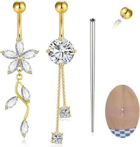 14G Gold Plated Belly Button Ring G23 Titanium Hypoallergenic Dangle Belly Button Rings for Women Long Dangling Flower Belly Piercing Jewelry Piercing Kit in Saudi Arabia