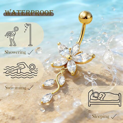14G Gold Plated Belly Button Ring G23 Titanium Hypoallergenic Dangle Belly Button Rings for Women Long Dangling Flower Belly Piercing Jewelry Piercing Kit in Saudi Arabia