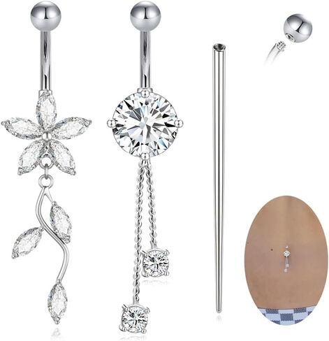 14G Gold Plated Belly Button Ring G23 Titanium Hypoallergenic Dangle Belly Button Rings for Women Long Dangling Flower Belly Piercing Jewelry Piercing Kit in Saudi Arabia