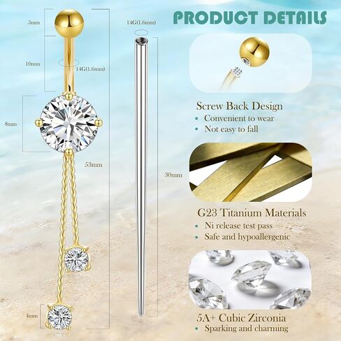 14G Gold Plated Belly Button Ring G23 Titanium Hypoallergenic Dangle Belly Button Rings for Women Long Dangling Flower Belly Piercing Jewelry Piercing Kit in Saudi Arabia