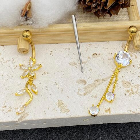 14G Gold Plated Belly Button Ring G23 Titanium Hypoallergenic Dangle Belly Button Rings for Women Long Dangling Flower Belly Piercing Jewelry Piercing Kit in Saudi Arabia
