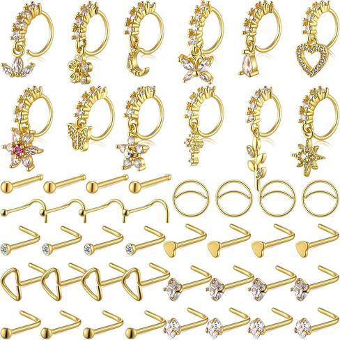 Liliaafar 48 Pcs L Shaped Gold Dangle Nose Rings Hoop for Women, Dangling Cute Nose Studs Stainless Steel Piercing Jewelry in Saudi Arabia