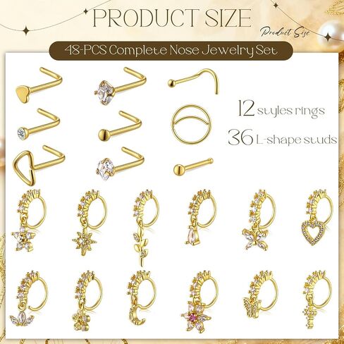 Liliaafar 48 Pcs L Shaped Gold Dangle Nose Rings Hoop for Women, Dangling Cute Nose Studs Stainless Steel Piercing Jewelry in Saudi Arabia