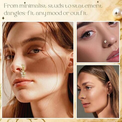 Liliaafar 48 Pcs L Shaped Gold Dangle Nose Rings Hoop for Women, Dangling Cute Nose Studs Stainless Steel Piercing Jewelry in Saudi Arabia