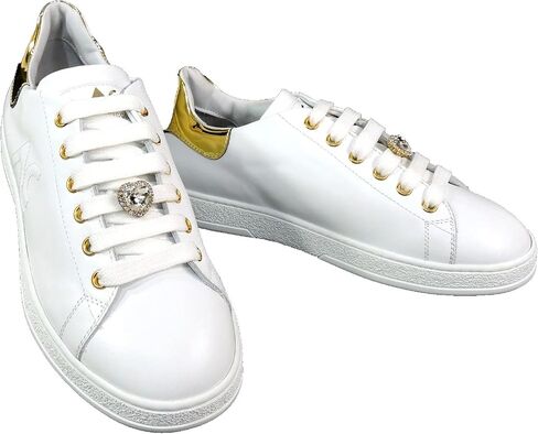 Women's Fashion Sneakers, White Soft Leather, Gold Accents, Crystal Heart Detail, Comfort Walking Shoes, EU 37 Made in Italy in Kuwait