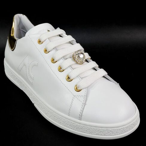 Women's Fashion Sneakers, White Soft Leather, Gold Accents, Crystal Heart Detail, Comfort Walking Shoes, EU 37 Made in Italy in Kuwait
