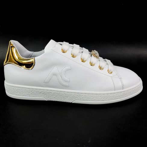 Women's Fashion Sneakers, White Soft Leather, Gold Accents, Crystal Heart Detail, Comfort Walking Shoes, EU 37 Made in Italy in Kuwait
