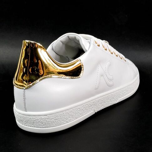 Women's Fashion Sneakers, White Soft Leather, Gold Accents, Crystal Heart Detail, Comfort Walking Shoes, EU 37 Made in Italy in Kuwait