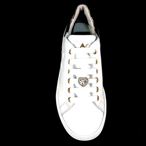Women's Fashion Sneakers, White Soft Leather, Gold Accents, Crystal Heart Detail, Comfort Walking Shoes, EU 37 Made in Italy in Kuwait