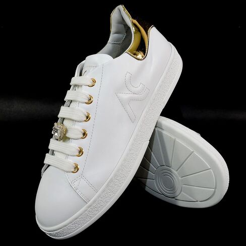 Women's Fashion Sneakers, White Soft Leather, Gold Accents, Crystal Heart Detail, Comfort Walking Shoes, EU 37 Made in Italy in Kuwait