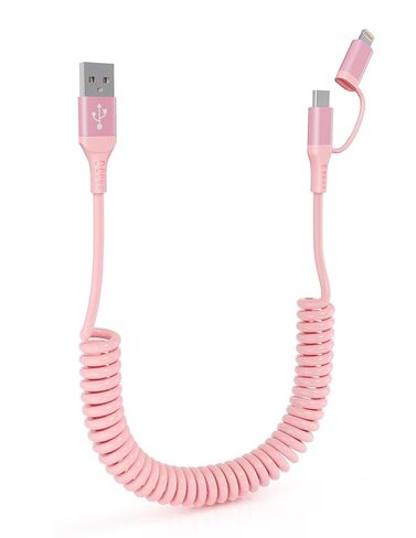 USB to Lightning and USB C Cable 2 in 1 Coiled Pink iPhone Charger - Pink Car Charger Lightning USB C Combo Cable Support Apple Carplay & Android Auto & Data, for iPhone 16 15 14 13 12 11 Android in Kuwait