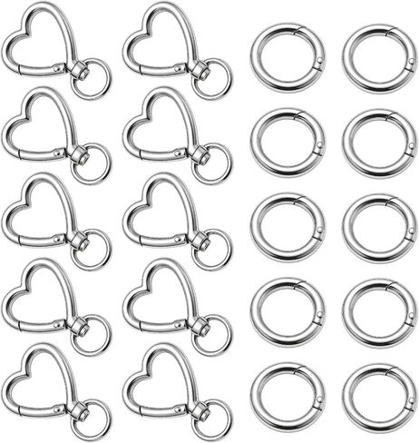 20Pcs Heart Shape Keychain Clip with Rings, Silver Metal Heart-Shaped Swivel Snap Hooks, Spring Lobster Clasp for Keys Bag Charms DIY Craft Jewelry Making Accessories (10 Heart + 10 Round) in Saudi Arabia