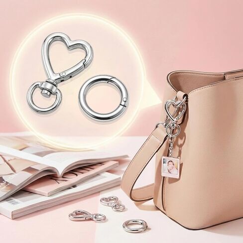 20Pcs Heart Shape Keychain Clip with Rings, Silver Metal Heart-Shaped Swivel Snap Hooks, Spring Lobster Clasp for Keys Bag Charms DIY Craft Jewelry Making Accessories (10 Heart + 10 Round) in Saudi Arabia