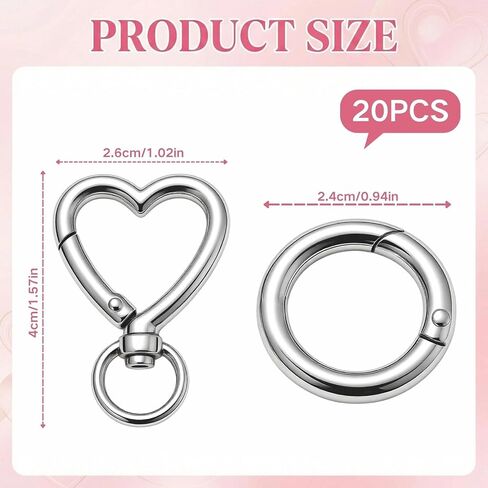 20Pcs Heart Shape Keychain Clip with Rings, Silver Metal Heart-Shaped Swivel Snap Hooks, Spring Lobster Clasp for Keys Bag Charms DIY Craft Jewelry Making Accessories (10 Heart + 10 Round) in Saudi Arabia