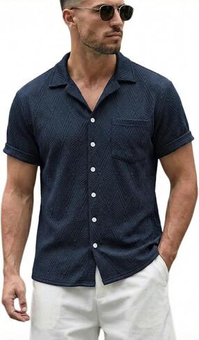 Men's Casual Square Grid Dual Pockets Design Camp Collar Short Sleeves Shirt in Saudi Arabia
