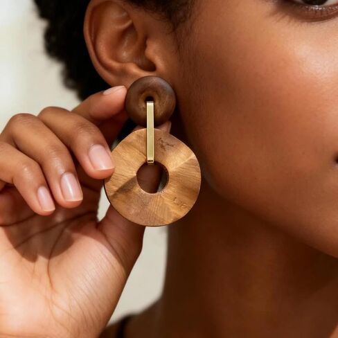 Boho Wooden Earrings for Women Geometric Dangle Large Brown Wood Hippie Earrings Elegant Daily Vacation Style in Saudi Arabia