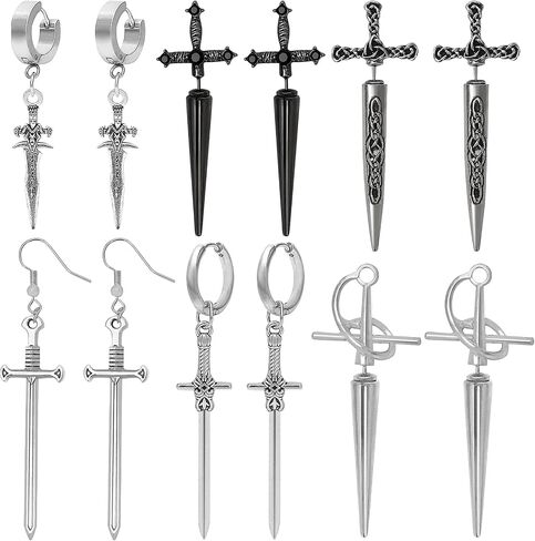 NEWITIN 6 Pieces Sword Earrings for Women Stainless Steel Silver Sword Earring Boho Punk Dangle Earrings Vintage Gothic Earring Y2k Jewelry for Men Women in Saudi Arabia