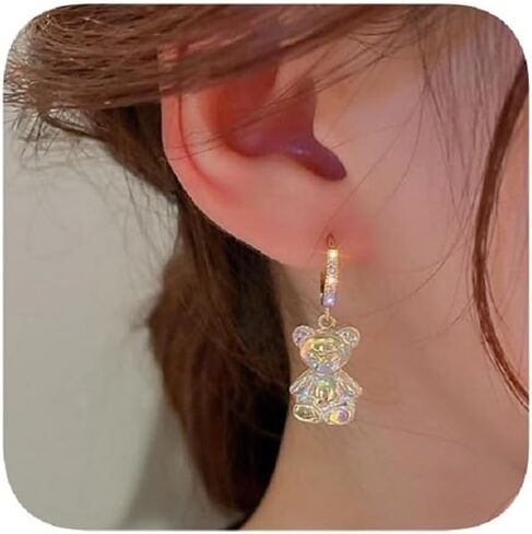 Iridescent Crystal Bear Drop Earrings, Gold-Plated Huggie Hoops with Rhinestones, Rainbow Effect in Saudi Arabia