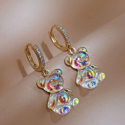 Iridescent Crystal Bear Drop Earrings, Gold-Plated Huggie Hoops with Rhinestones, Rainbow Effect in Saudi Arabia