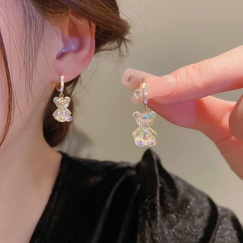 Iridescent Crystal Bear Drop Earrings, Gold-Plated Huggie Hoops with Rhinestones, Rainbow Effect in Saudi Arabia