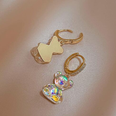 Iridescent Crystal Bear Drop Earrings, Gold-Plated Huggie Hoops with Rhinestones, Rainbow Effect in Saudi Arabia