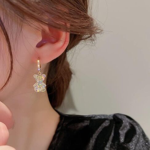 Iridescent Crystal Bear Drop Earrings, Gold-Plated Huggie Hoops with Rhinestones, Rainbow Effect in Saudi Arabia