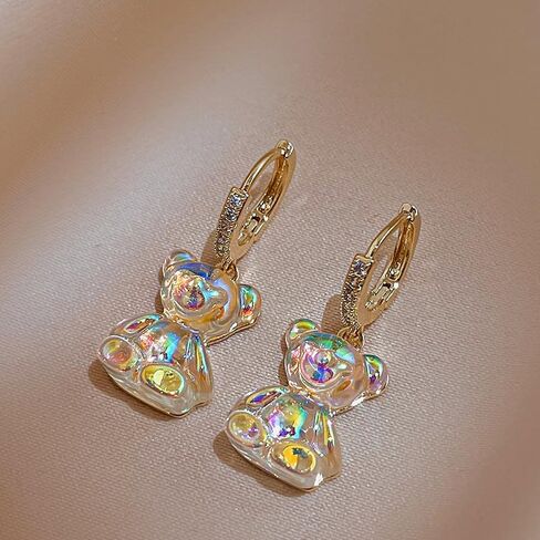 Iridescent Crystal Bear Drop Earrings, Gold-Plated Huggie Hoops with Rhinestones, Rainbow Effect in Saudi Arabia