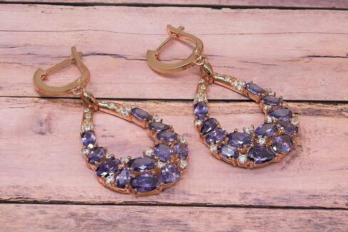 925 STERLING SILVER ROSE GOLD PLATED SIMULATED AMETHYST, WHITE CZ GORGEOUS DROP DANGLE EARRINGS, 1.5" SIZE in Saudi Arabia
