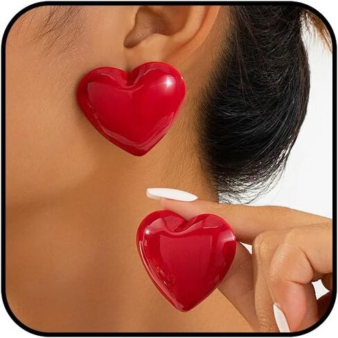 Chunky Red Crystal Large Heart Drop Dangle Earrings for Women, Statement Orange Acrylic Small Love Heart Dangling Earring Trendy Party Jewelry Gifts in Saudi Arabia