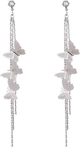 Dainty Vivid Lightweight 14K Gold Plated Butterfly Tassel Earrings Silver Post CZ 3D butterfly Dangle Drop Earrings Fairy Earrings for Women Statement Jewelry Gifts in Kuwait