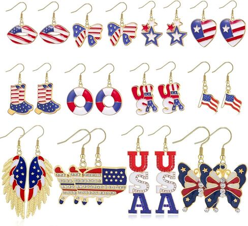 Independence Day Earrings 4th of July Earrings 12 Pairs American Flag Earring USA Flag Dangle Drop Earring for Independence Day Holiday Jewelry Gift in Saudi Arabia