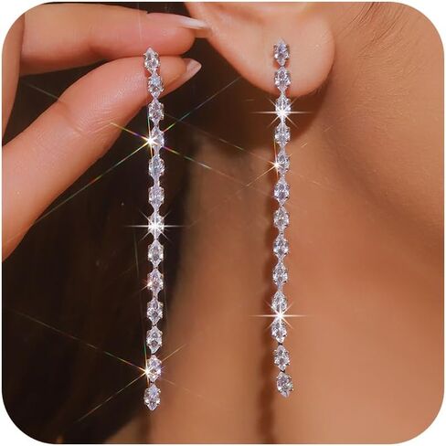 Long Silver Rhinestone Earrings for Women Sparkly Rhinestone Dangle Earrings Shining Silver Bridal Earring Prom Party Wedding Jewelry Accessories for Bride Bridesmaid in Saudi Arabia