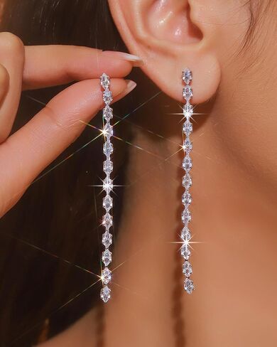 Long Silver Rhinestone Earrings for Women Sparkly Rhinestone Dangle Earrings Shining Silver Bridal Earring Prom Party Wedding Jewelry Accessories for Bride Bridesmaid in Saudi Arabia