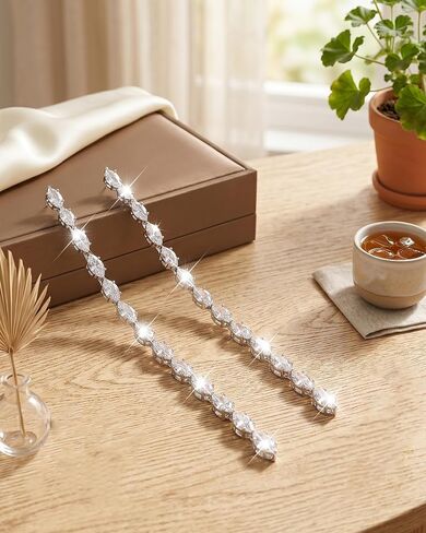Long Silver Rhinestone Earrings for Women Sparkly Rhinestone Dangle Earrings Shining Silver Bridal Earring Prom Party Wedding Jewelry Accessories for Bride Bridesmaid in Saudi Arabia