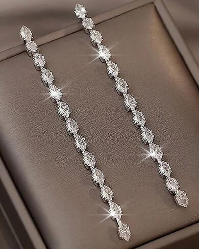 Long Silver Rhinestone Earrings for Women Sparkly Rhinestone Dangle Earrings Shining Silver Bridal Earring Prom Party Wedding Jewelry Accessories for Bride Bridesmaid in Saudi Arabia