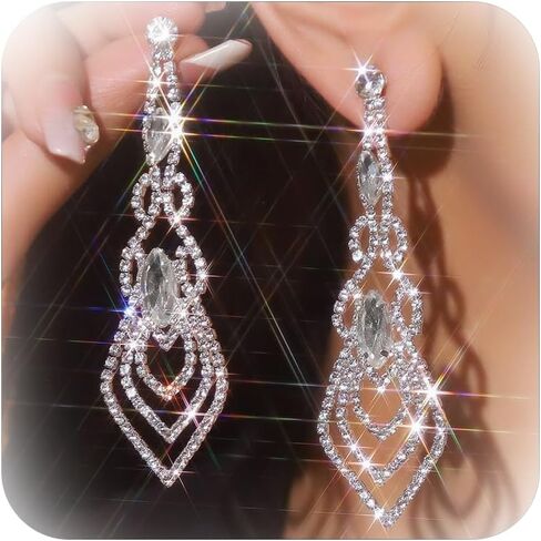 Long Silver Rhinestone Earrings for Women Sparkly Rhinestone Dangle Earrings Shining Silver Bridal Earring Prom Party Wedding Jewelry Accessories for Bride Bridesmaid in Saudi Arabia