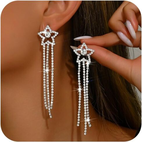 Long Silver Rhinestone Earrings for Women Sparkly Rhinestone Dangle Earrings Shining Silver Bridal Earring Prom Party Wedding Jewelry Accessories for Bride Bridesmaid in Saudi Arabia