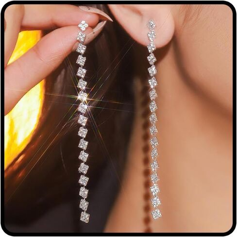Long Silver Rhinestone Earrings for Women Sparkly Rhinestone Dangle Earrings Shining Silver Bridal Earring Prom Party Wedding Jewelry Accessories for Bride Bridesmaid in Saudi Arabia