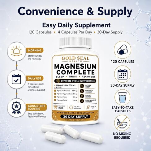 Gold Seal Magnesium Complete Supplement, Multi-Source Magnesium Complex with Vitamin B6, Magnesium Glycinate & Magnesium Malate, Vegan, 120 Capsules in Kuwait