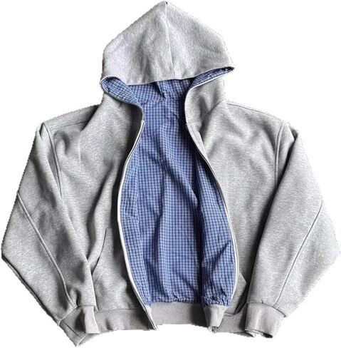 Y2k Grunge Plaid Zip Up Hoodie Men Women Reversible Oversized Emo 2000s Graphic Hoodie Fall Baggy Sweatshirts in Saudi Arabia