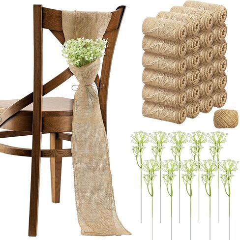 Jecery 24 Sets Burlap Chair Sashes Wedding Natural Chair Bows Ribbons 108 x 6 Inch Rustic Jute Bow Ties with Artificial Babys Breath for Home Anniversary Banquet Wedding DIY in Kuwait